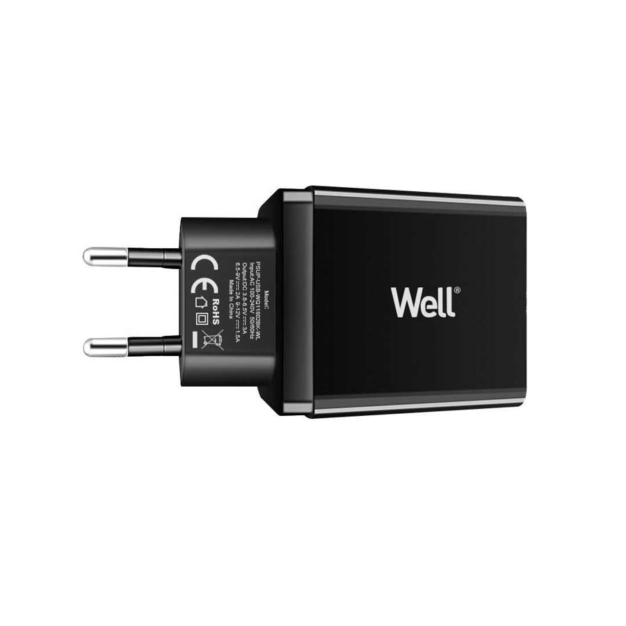 Universal USB Fast Travel Wall Charger QC 3.0 18W 3000mA Μαύρο Well PSUP-USB-WQ11802BK-WL - Image 2
