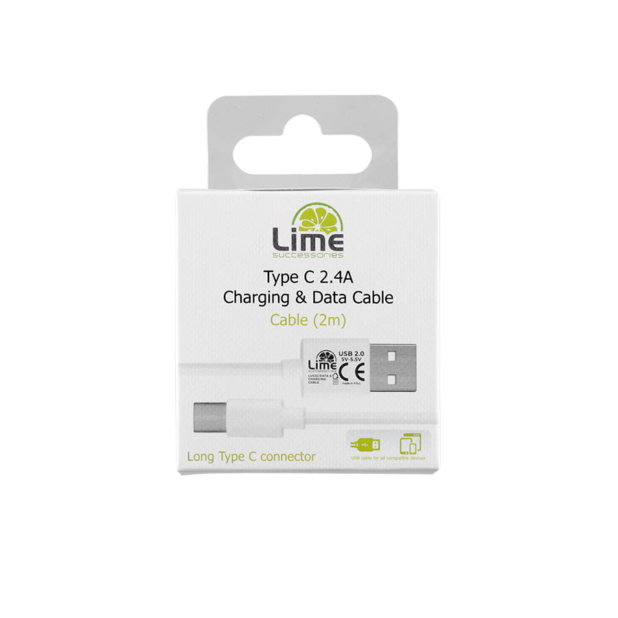 Καλώδιο Type C Long σε USB 2.4A Φόρτισης - Data 2m Λευκό LUC02 Lime - Image 2