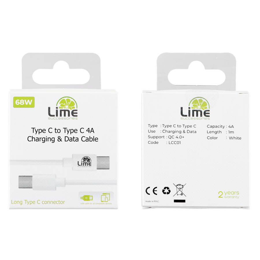 Καλώδιο Type C Long σε USB-C Type C Long 4.0A Φόρτισης - Data 1m Λευκό LCC01 Lime - Image 4