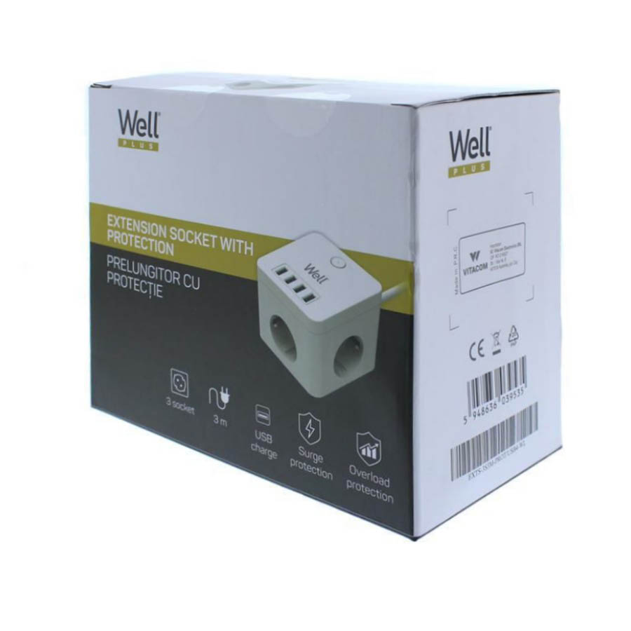Πολύπριζο Well 3x Schuko και 4x USB 3m/3g1.5 με προστασία EXTS-3S3M-PROT/USB4-WL - Image 2