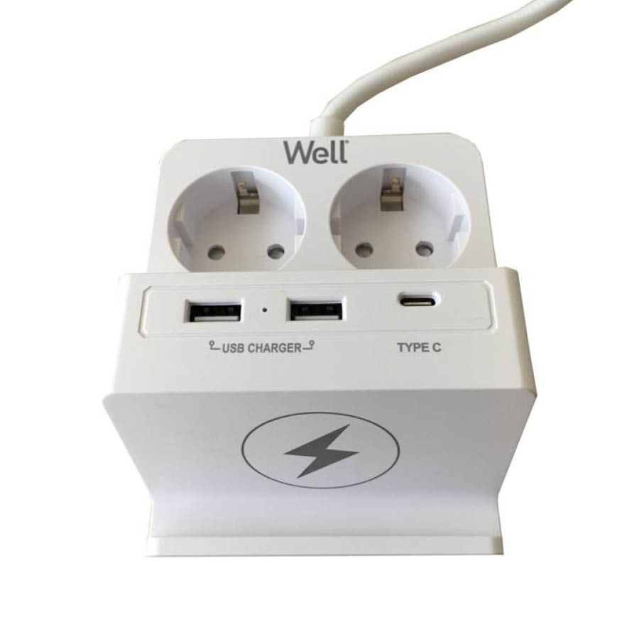 Πολύπριζο Well 2x Schuko και 2x USB A & 1x USB Type-C Wireless Charger 2m/3g1.5 με προστασία EXTS-2S - Image 2