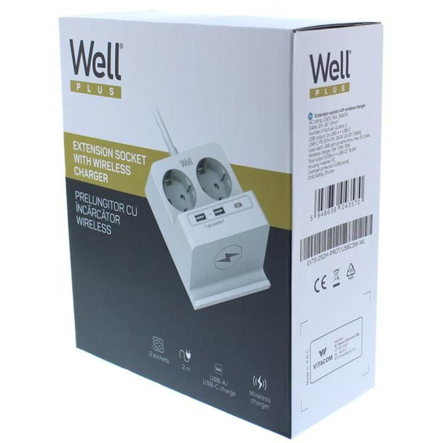 Πολύπριζο Well 2x Schuko και 2x USB A & 1x USB Type-C Wireless Charger 2m/3g1.5 με προστασία EXTS-2S - Image 3