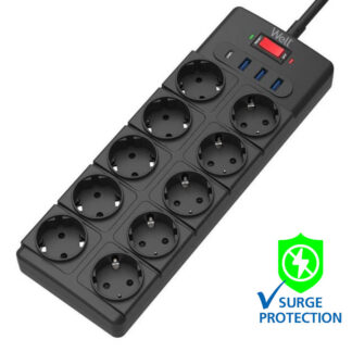 Πολύπριζο Well 10x Schuko και 3x USB A, 1x USB Type-C με Διακόπτη 2m/3g1.5 με προστασία EXTS-10S2M-P