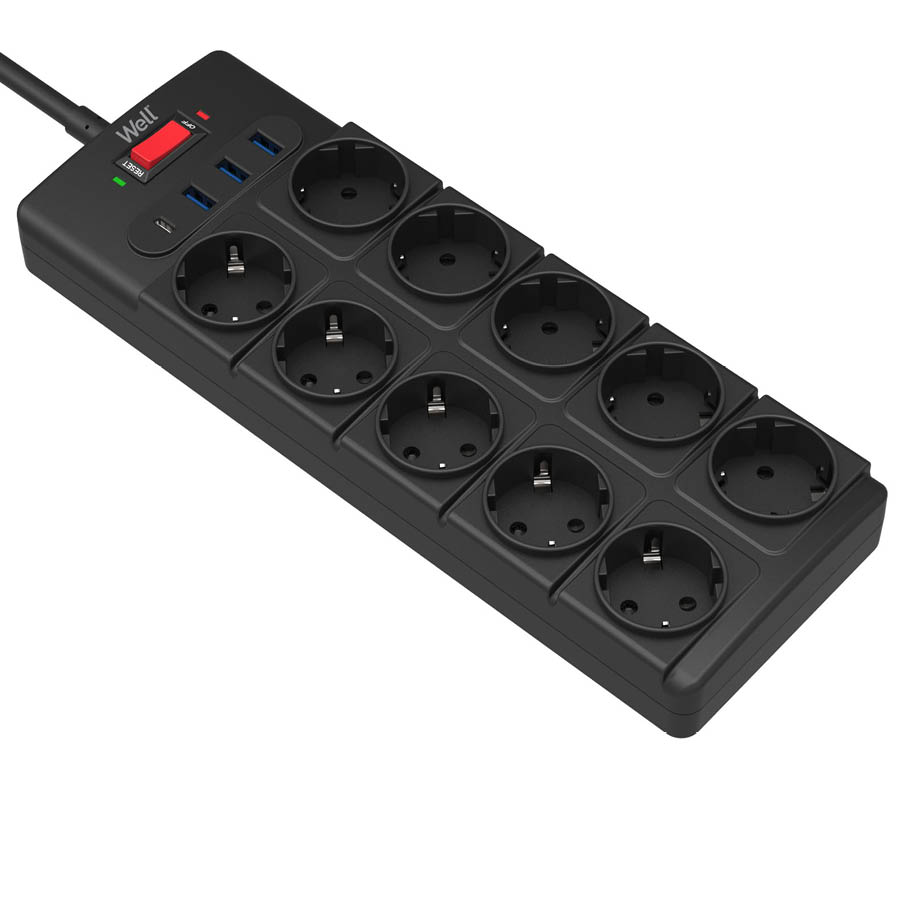 Πολύπριζο Well 10x Schuko και 3x USB A, 1x USB Type-C με Διακόπτη 2m/3g1.5 με προστασία EXTS-10S2M-P - Image 2