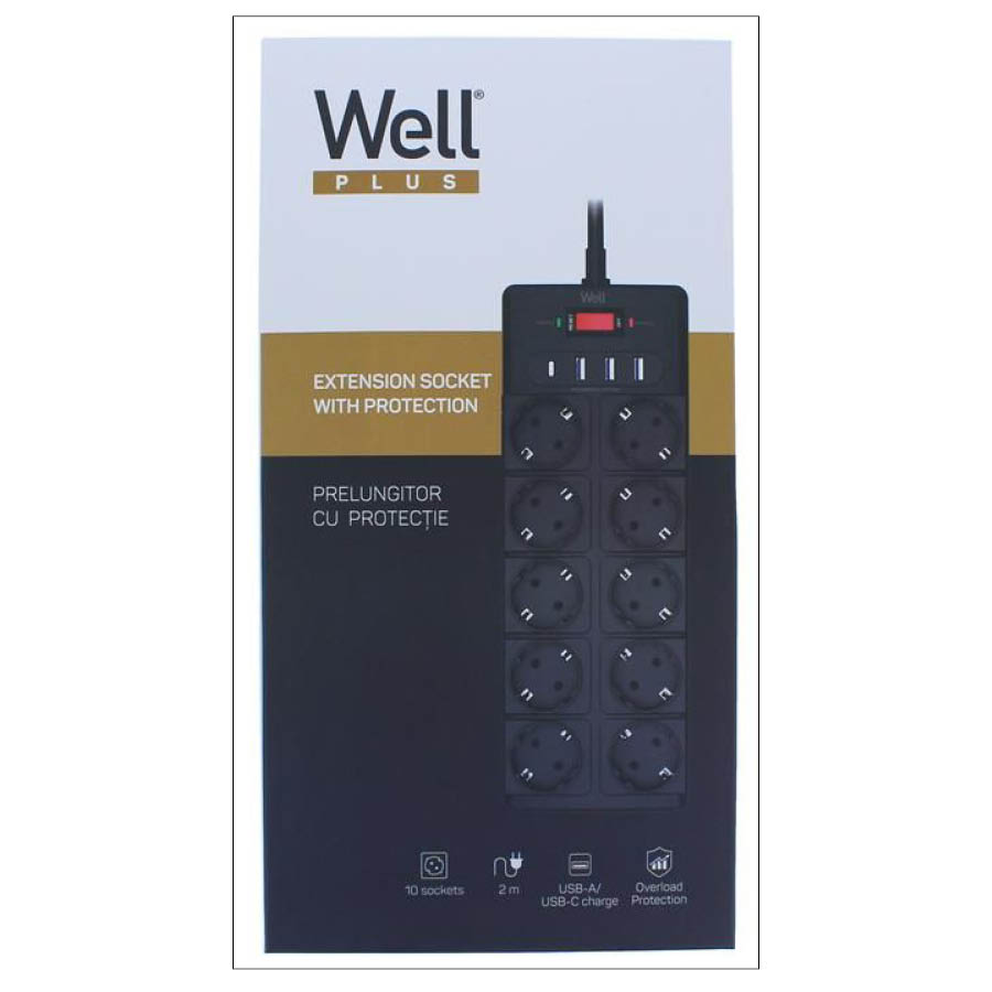 Πολύπριζο Well 10x Schuko και 3x USB A, 1x USB Type-C με Διακόπτη 2m/3g1.5 με προστασία EXTS-10S2M-P - Image 3