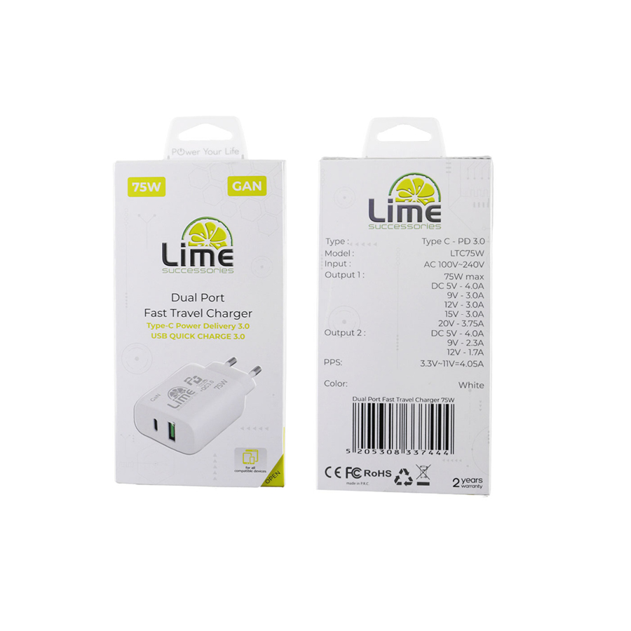 Universal Type-C GAN PD 3.0 Dual Super Fast Travel Wall Charger 75W 4.0A PD 54W & USB QC 3.0 21W Lim - Image 2