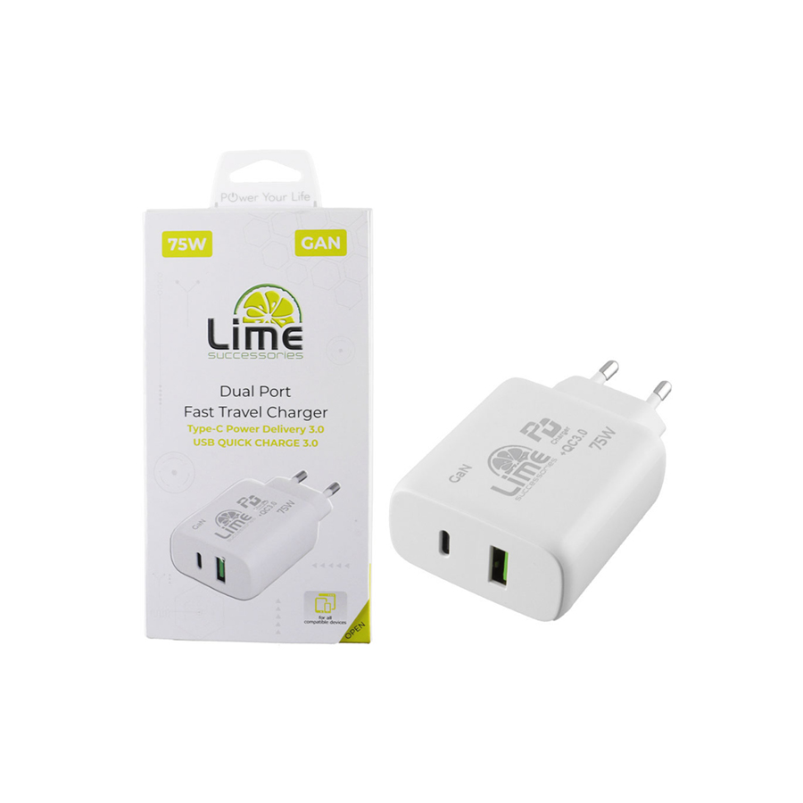 Universal Type-C GAN PD 3.0 Dual Super Fast Travel Wall Charger 75W 4.0A PD 54W & USB QC 3.0 21W Lim - Image 3