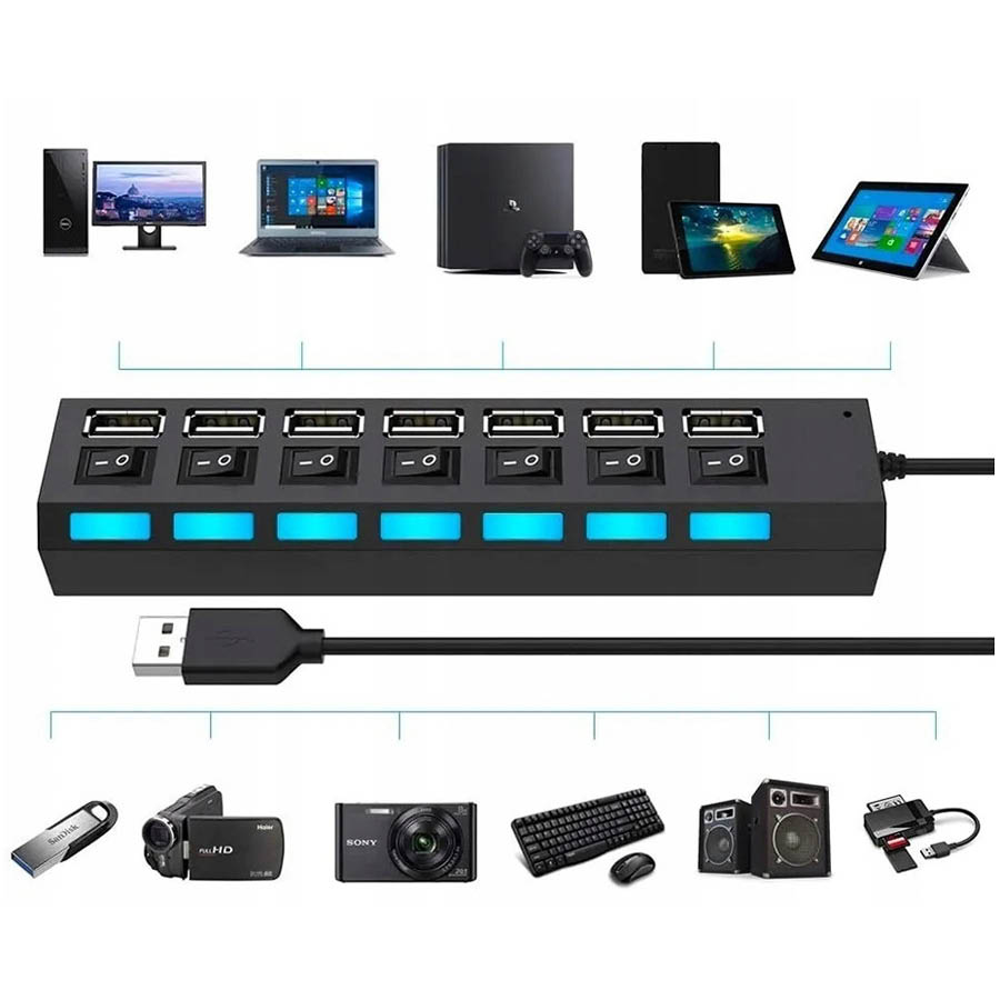 USB 2.0 HUB 7-Port Hi-Speed w/Switches & Blue LED Desing - Image 2