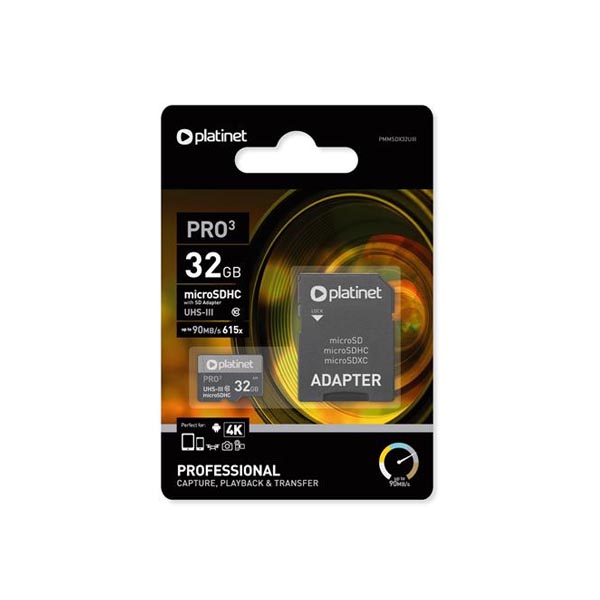 MicroSDHC UHS-III V30 SD 32GB CLASS 10 90MB/s Secure digital + adapter PLATINET - Image 2