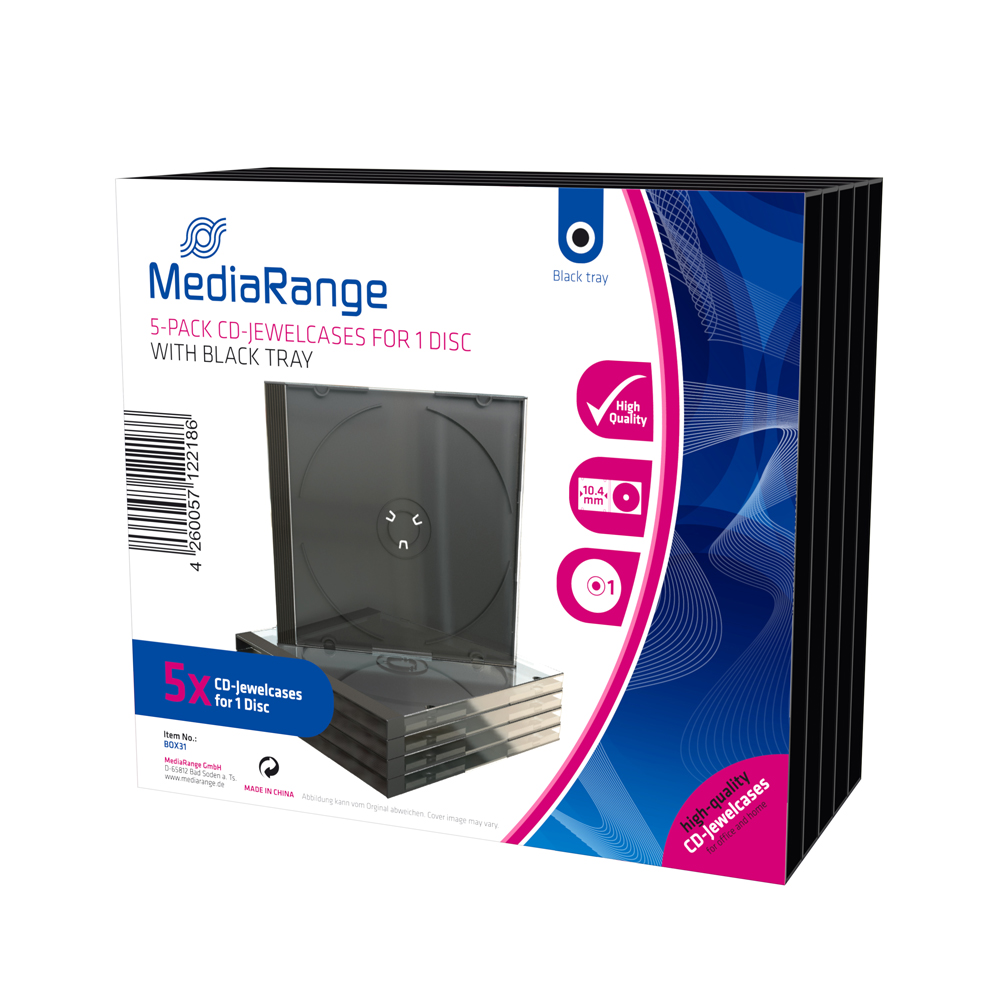 MediaRange CD Jewelcase for 1 Disc 10.4mm Black Tray (5 Pack) (MRBOX31)