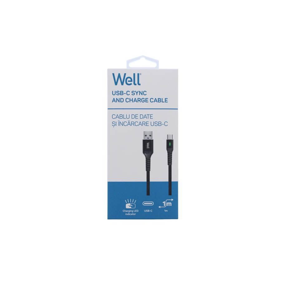 Καλώδιο 3A USB 2.0 σε Type-C Φόρτισης - Data με ένδειξη φόρτισης 1m Μαύρο Well CABLE-USB/USBC-1BK04- - Image 2
