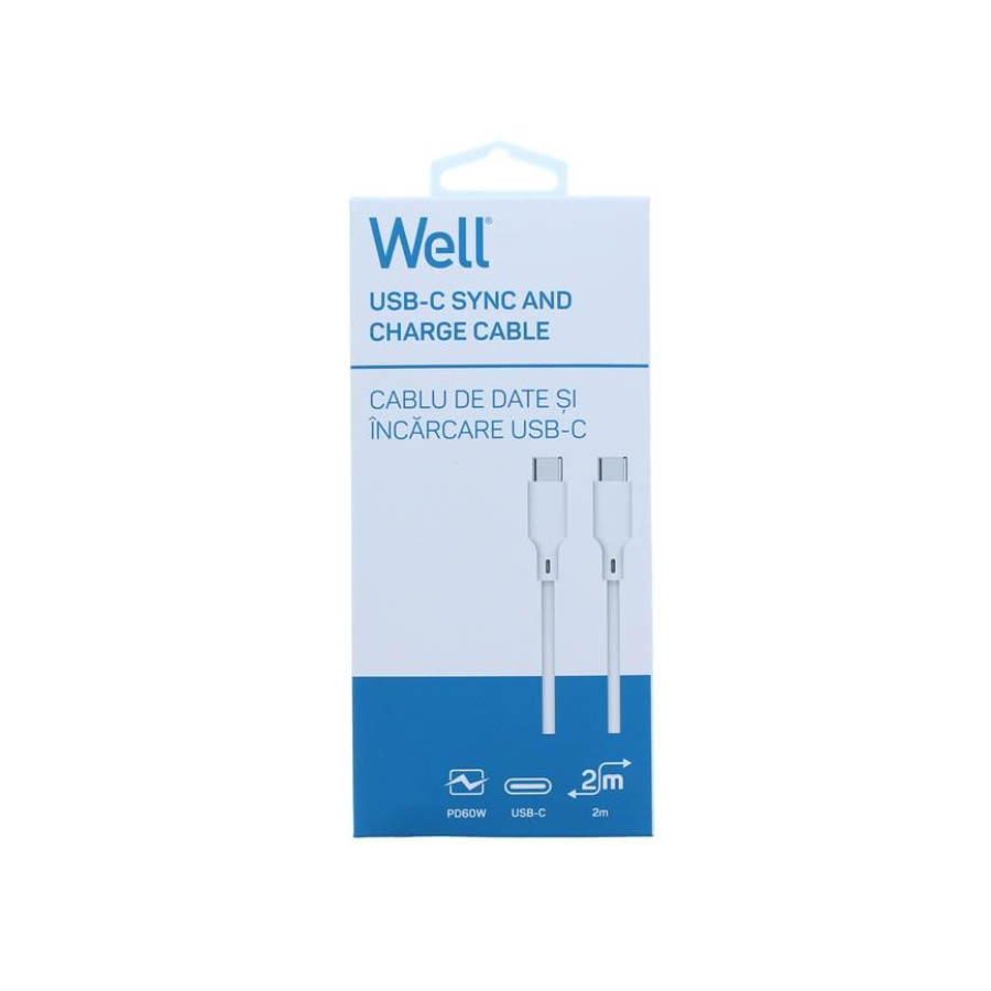 Καλώδιο 60W USB-C σε Type-C Φόρτισης - Data 2m Λευκό Well CABLE-USBC/USBC-2WE06-WL - Image 2