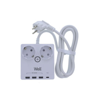 Πολύπριζο Well 2x Schuko και 3x USB A & 1x USB Type-C 2m/3g1.5 με προστασία EXTS-2S2M-PROT/USBC4-WL