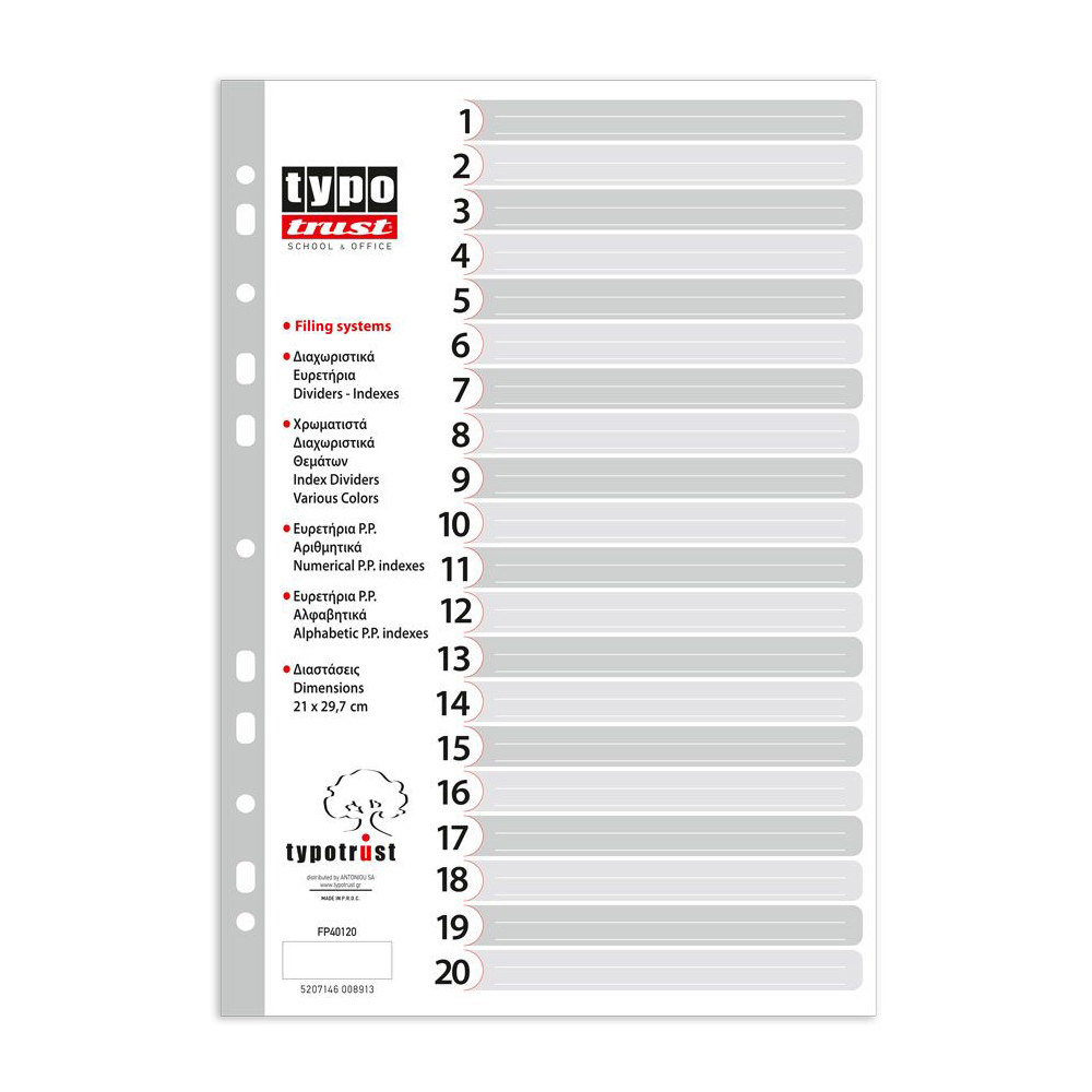 Typotrust Διαχωριστικά A4 Αριθμητικά Πλαστικά 1-20 (FP40120) (TYPFP40120)