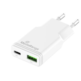 MediaRange 30W GaN Fast Charging Adapter (EU-Plug), 1x USB-C and 1x USB-A, USB-C® Power Delivery and Quick Charge enabled, White (MRMA125)