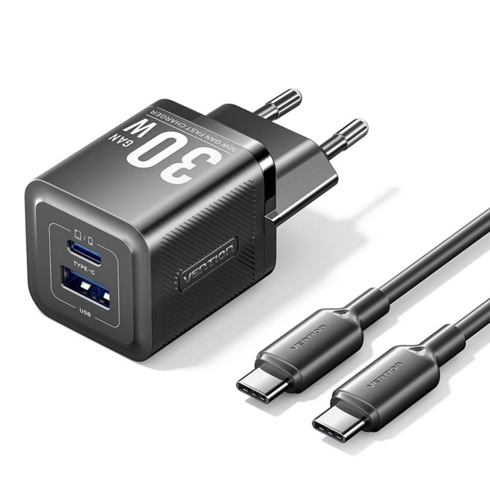 VENTION 2-Port USB (C + A) GaN Charger (70W/22.5W) with 5A USB-C to USB-C Cable (1M) EU-Plug Gray (TZ-FCGH0-EU) (VENTZ-FCGH0-EU)