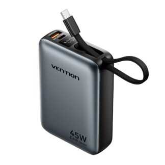 VENTION 20000mAh Mini Power Bank (USB-C + USB-C/USB-A) with Built-in USB-C Cable 45W Gray (FHGH0) (VENFHGH0)