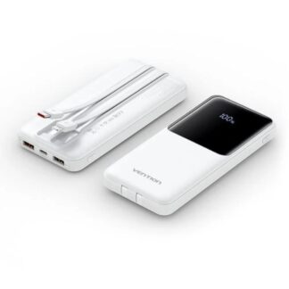 VENTION 10000mAh Power Bank (Micro-USB + USB-C + USB-A/USB-A) with Built-in USB-C and Lightning Cables 22.5W White LED Display Universal Type (FHOW0-TY) (VENFHOW0-TY)