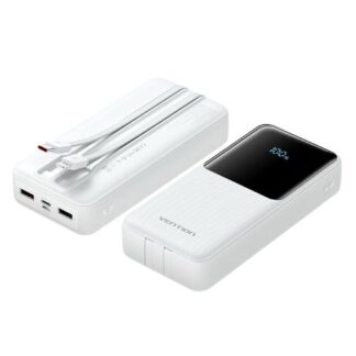 VENTION 20000mAh Power Bank (Micro-USB + USB-C + USB-A/USB-A) with Built-in USB-C and Lightning Cables 22.5W White LED Display Universal Type (FHPW0-TY) (VENFHPW0-TY)