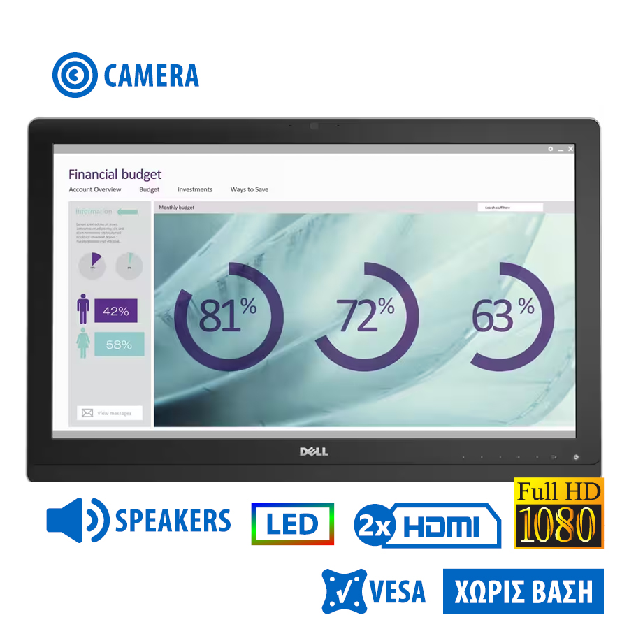 Used Monitor UZ2315Hx LED/Dell/23``FHD/w/Camera/1920x1080/Wide/Silver/Black/w/Speakers/No Stand/D-SU - Image 2